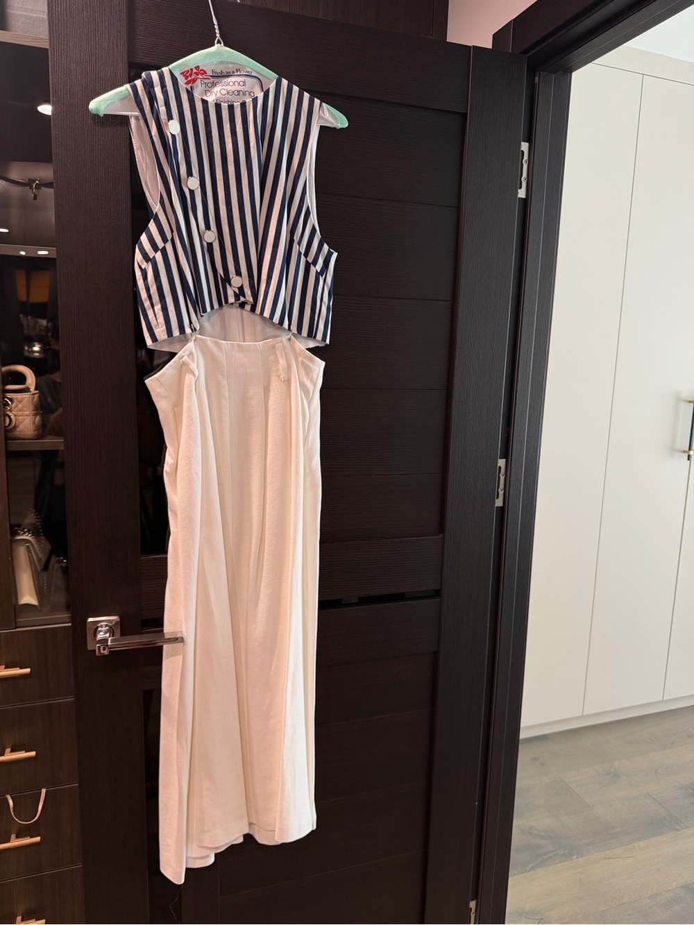 Zara Navy & White Striped Crop Top with Ivory Midi Skirt